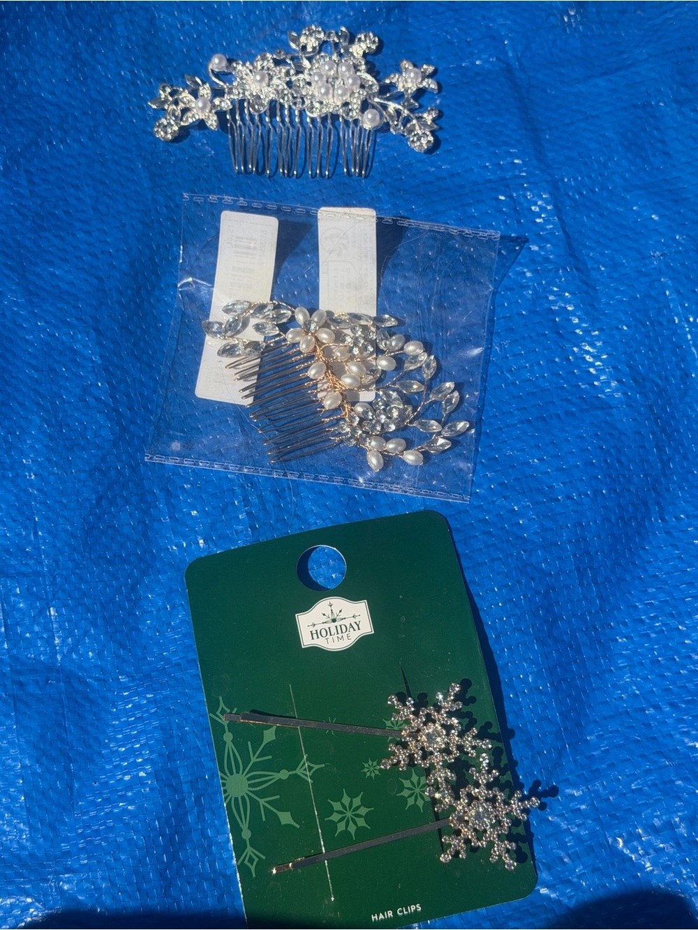 Holiday Time Silver and Pearl Floral Hair Combs and Snowflake Clips